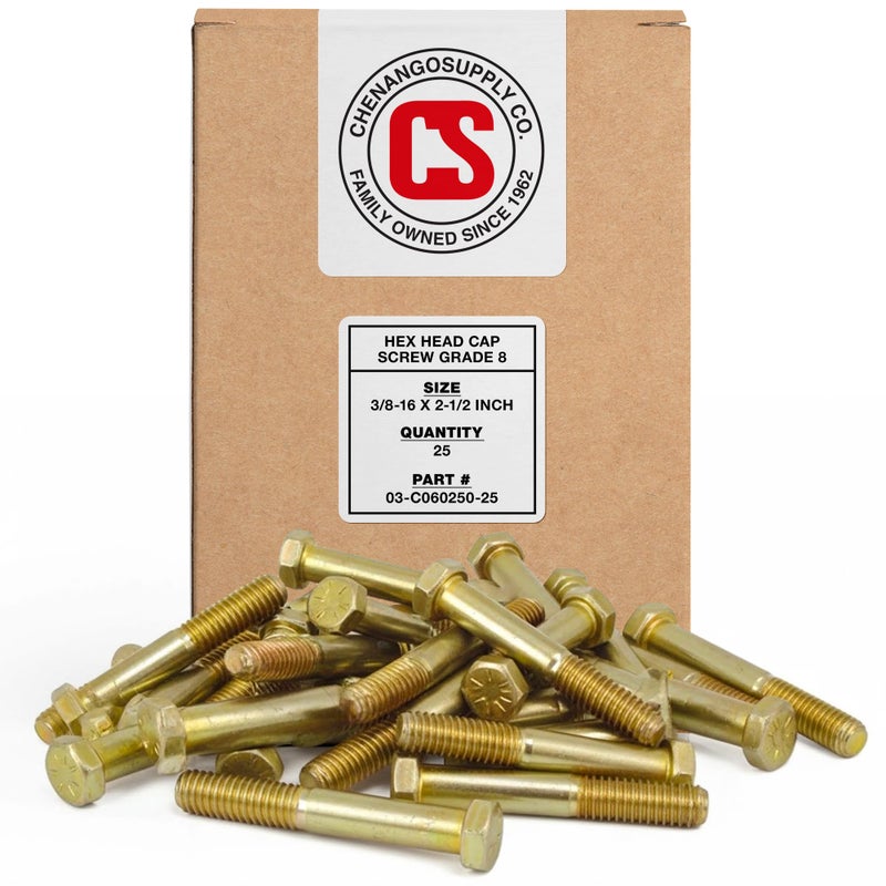 Chenango Supply 3/8-16 x 2-1/2" Grade 8 Hex Head Bolts â€“ Alloy Steel, Yellow Chromate Zinc, High-Strength Hex Head Cap Screws, 25 Pieces - Image 1
